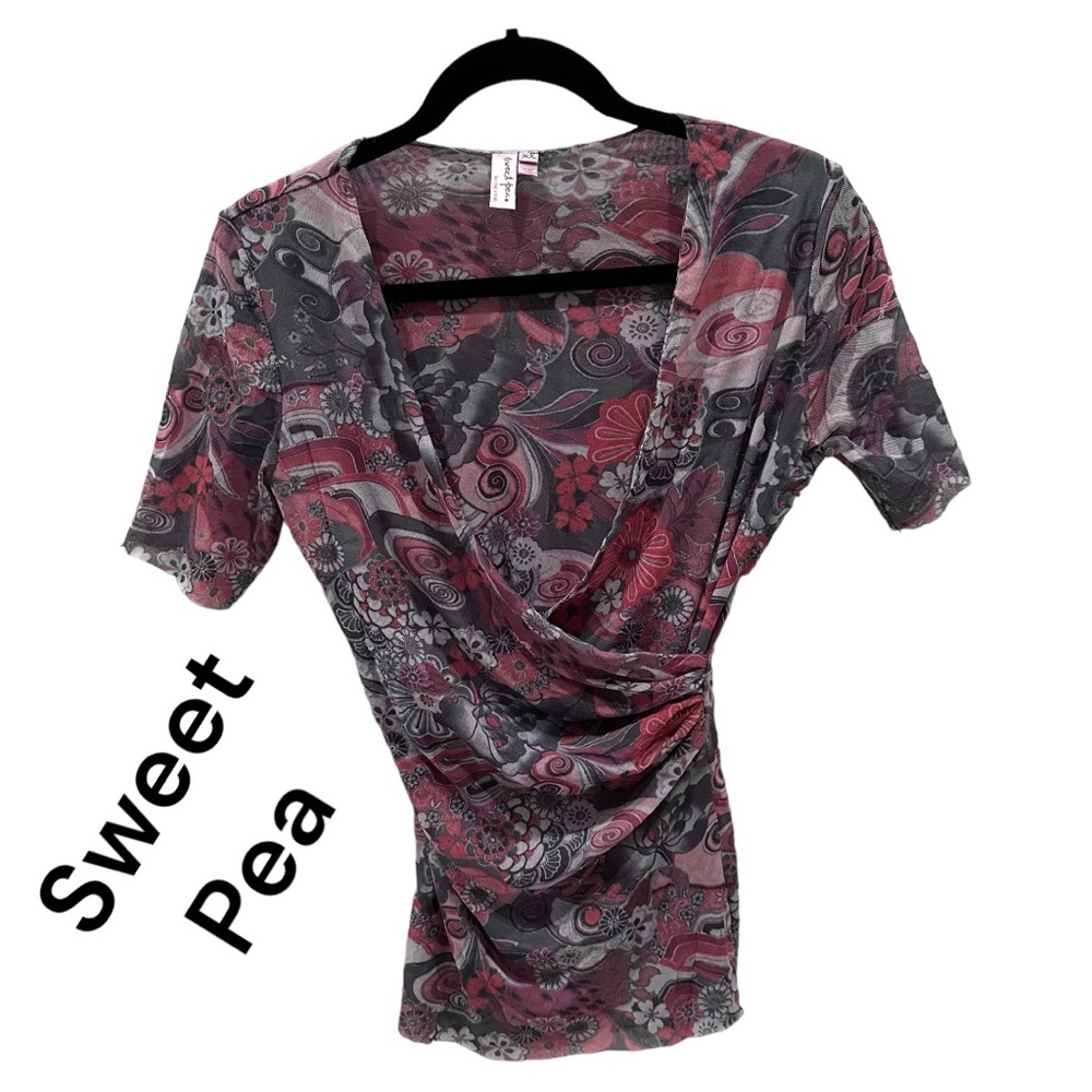 Sweet Pea Sheer Double Layer Floral Criss Cross Short Sleeve Top Size XL